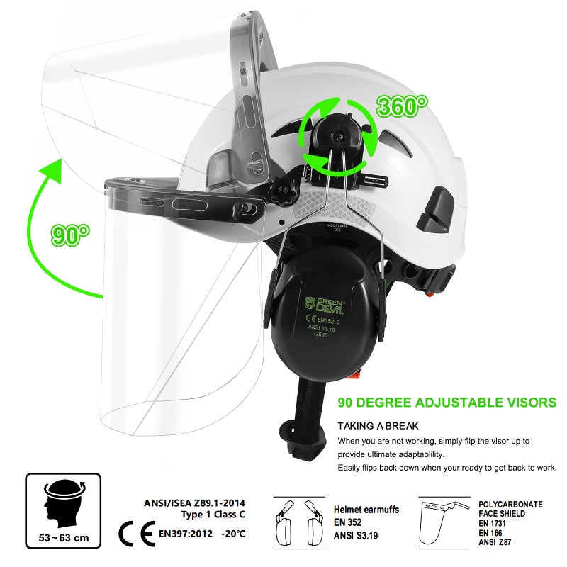 GREEN DEVIL Forestry Safety Helmet Chainsaw Helmet with Polycarbonate Full Clear Visor and Ear Muffs 3 in 1 Forestry Hard Hat - Image 3